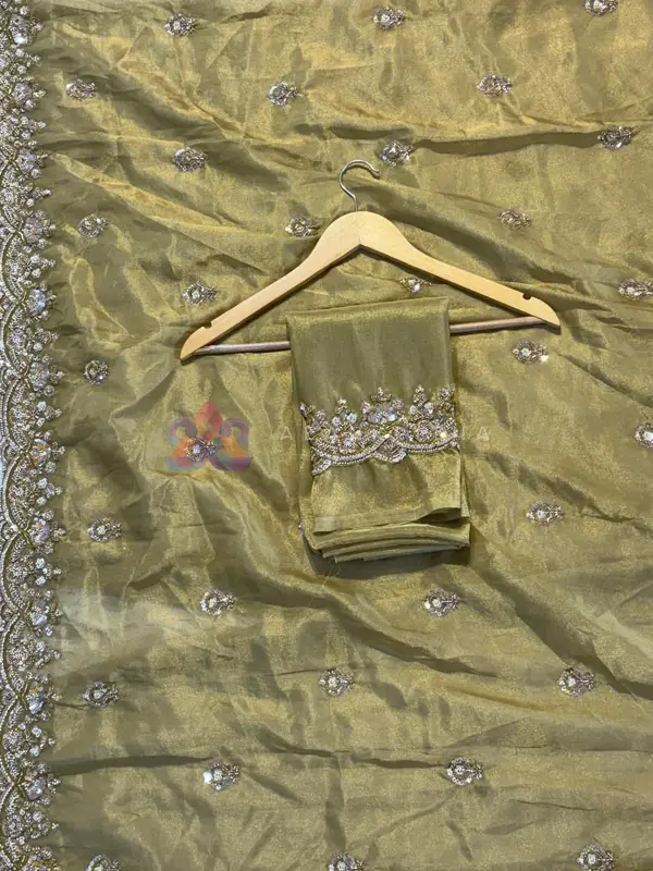 Gilded Radiance: Pure Tissue Silk Saree with Original Gold Beadwork