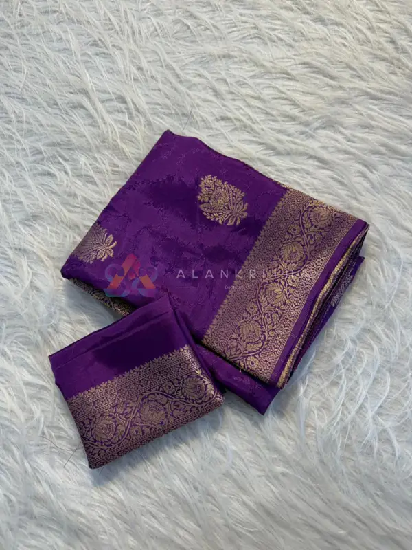 Amethyst Radiance: Violet Viscose Russian Self-Jacquard Saree