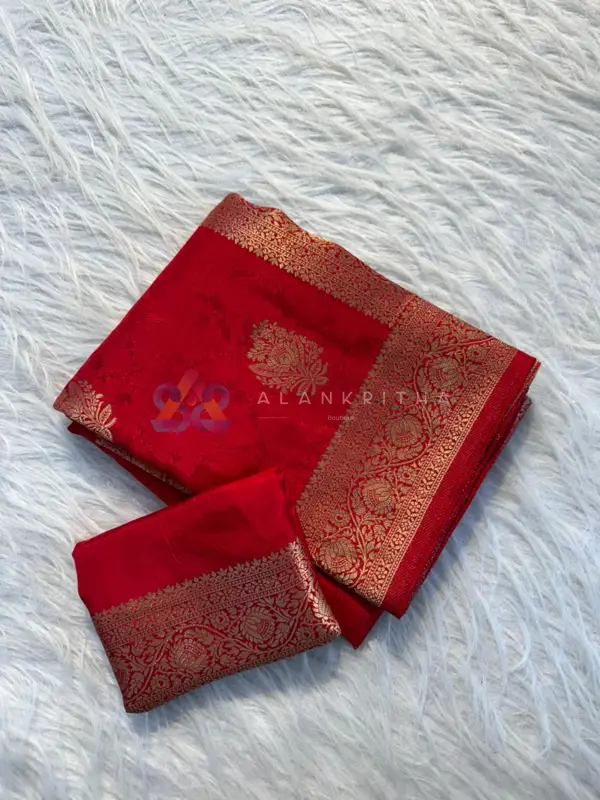 Ruby Radiance: Red Viscose Russian Self-Jacquard Saree
