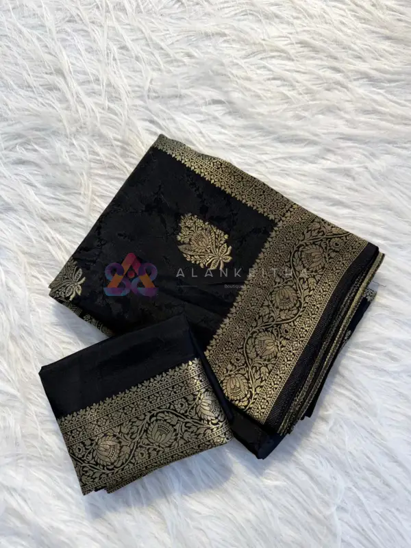 Midnight Onyx: Black Viscose Russian Self-Jacquard Saree
