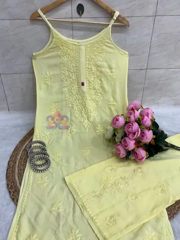 Noodle Strap Chikan Kurti & Plazzo Set