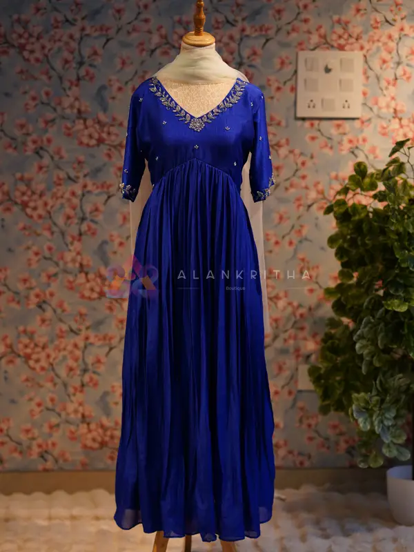 Regal Splendor: Royal Blue Vichitra Silk Alia-Cut Anarkali