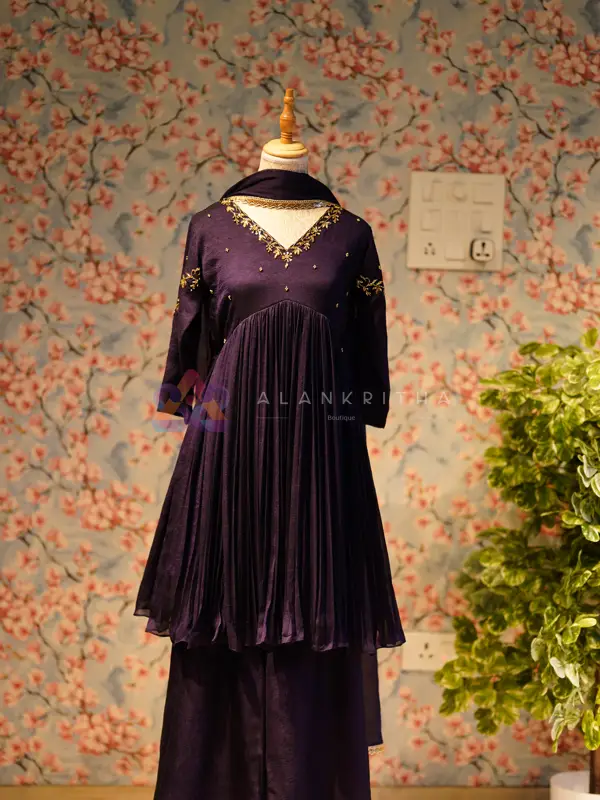 Amethyst Aura: Purple Vichitra Silk Alia-Cut Anarkali