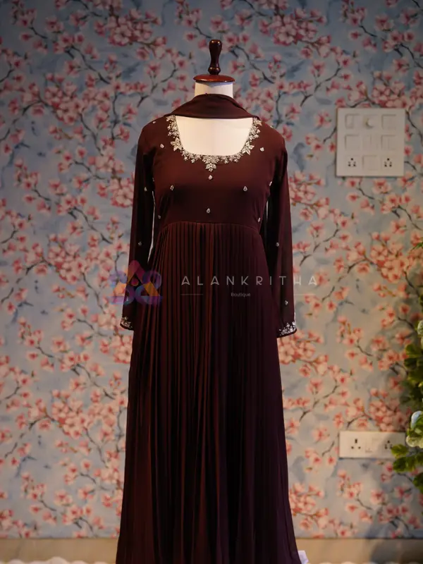 Brown Pleated Anarkali with Hand-Embroidered Sleeves