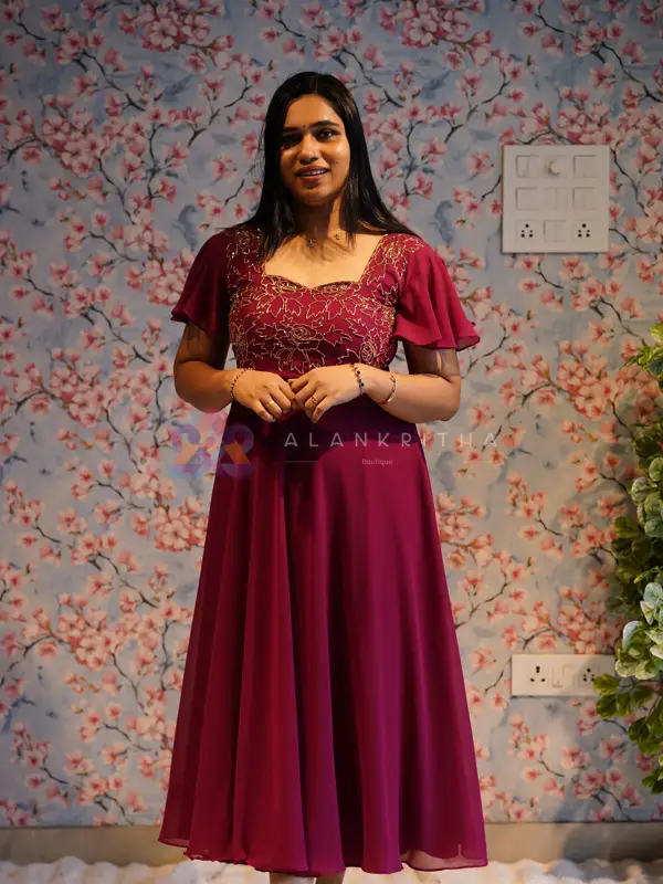 Burgundy Frock with Flutter Butterfly Sleeves