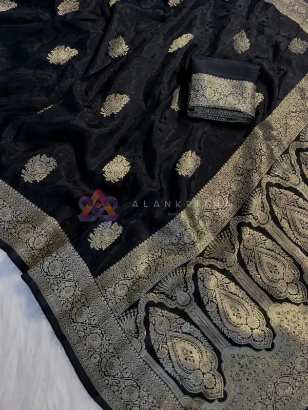 Midnight Onyx: Black Viscose Russian Self-Jacquard Saree