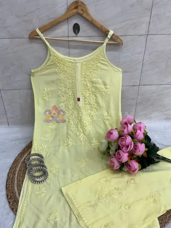 Noodle Strap Chikan Kurti & Plazzo Set
