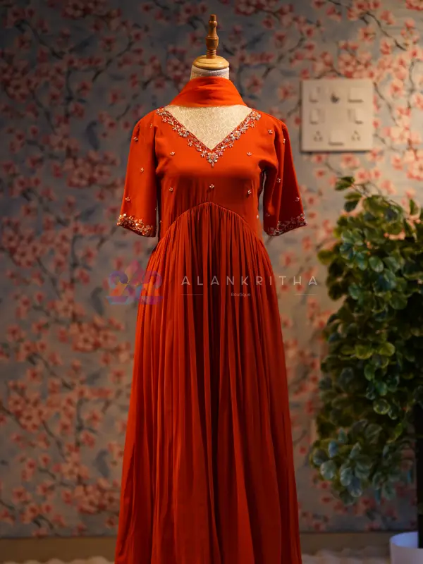 The Autumn Glow: Rust Orange Georgette Alia-Cut Anarkali